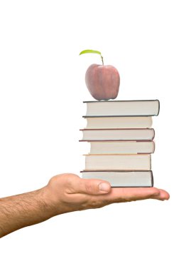 Hand giving pile of book with apple on top as a clipart