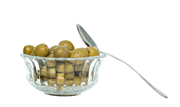 Green olives and spoon isolated on white backgro — Stock Photo, Image