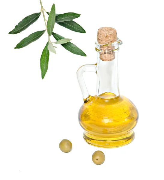 Botella de aceite de oliva y frutos de oliva —  Fotos de Stock