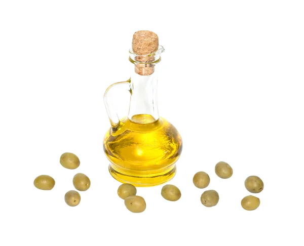 Fles olijfolie en olijven vruchten — Stockfoto