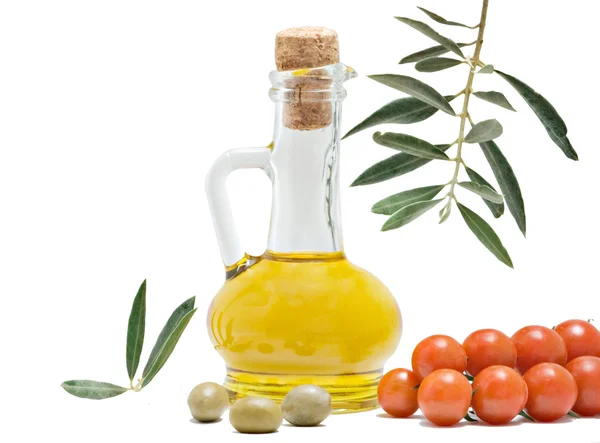 Bottle of olive oil, tomatoes, — Stock Photo, Image
