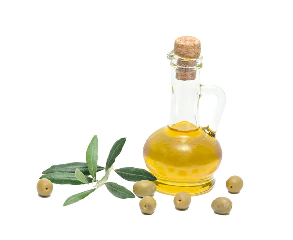 Bottle of olive oil and olive fruits — Stock Photo, Image