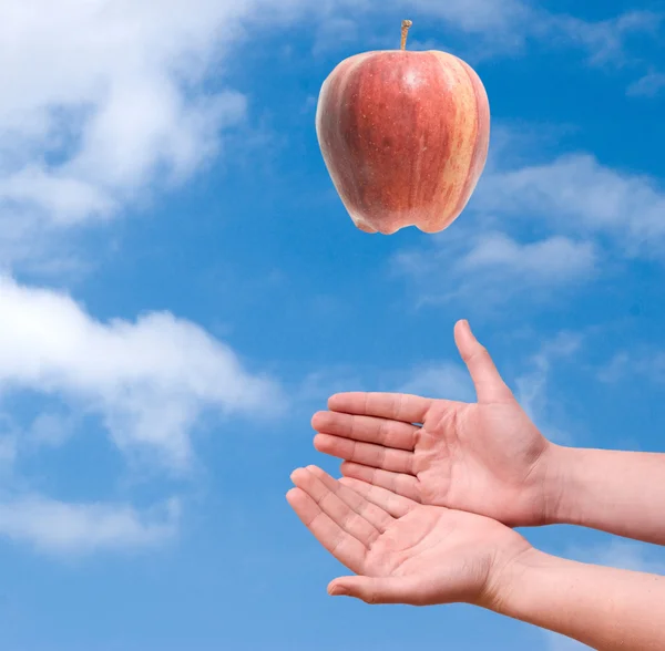 Apple falling to hands — Stock Photo, Image