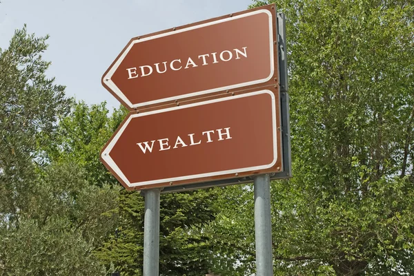 Vegskilt til eduasasjon og rikdom – stockfoto