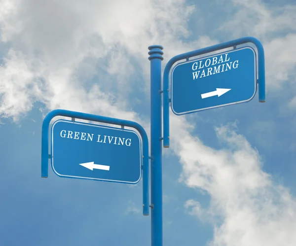 全球变暖和绿色生活道路标志 — 图库照片
