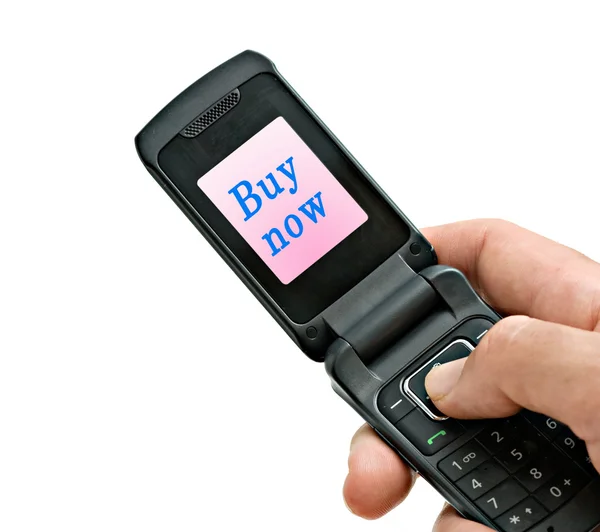 Telefone celular com Comprar agora na tela — Fotografia de Stock