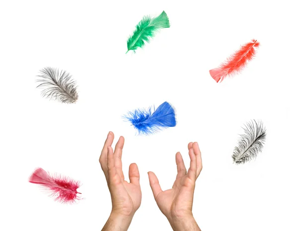Крупным планом разноцветные перья падают к рукам — стоковое фото