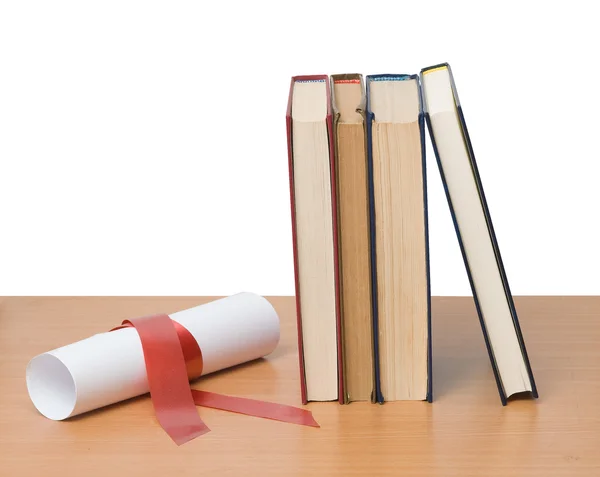 Scorrere con nastro rosso e libri — Foto Stock