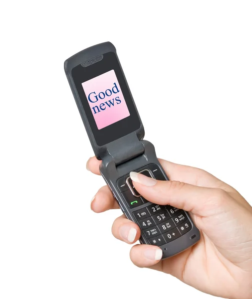 Telefon komórkowy z "dobrą nowinę" etykiety na ekranie — Zdjęcie stockowe
