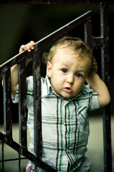 Маленький мальчик за забором — стоковое фото