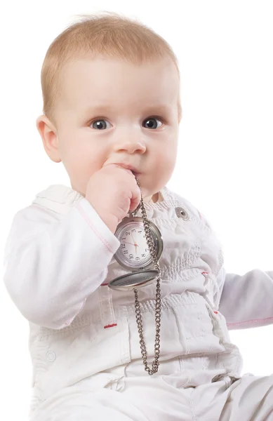 Bebê segura relógios de bolso — Fotografia de Stock