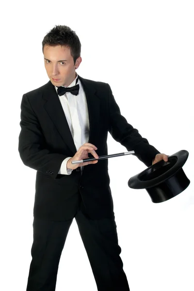 Magician with wand and hat — Stock Photo, Image
