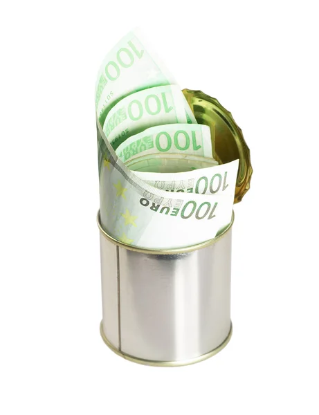 Euro bills on a tin can — Stock Photo, Image