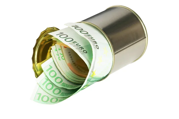 Banconote in euro su una lattina — Foto Stock