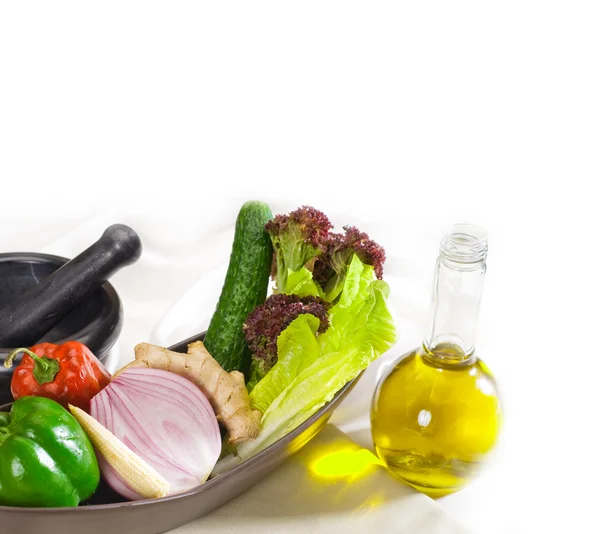 stock image Assorted vegetables and extra virgin olive oil