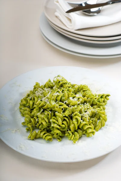 Italian fusilli pasta and pesto — Stock Photo, Image