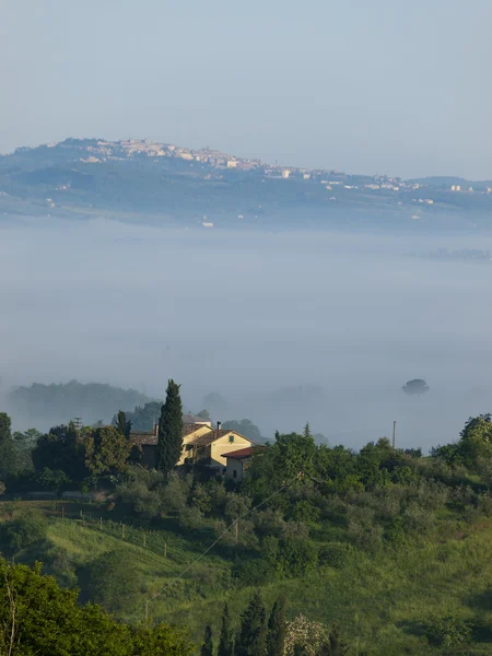 Fabulous landscape of the foggy morning in Tuscany. — Stock Photo, Image