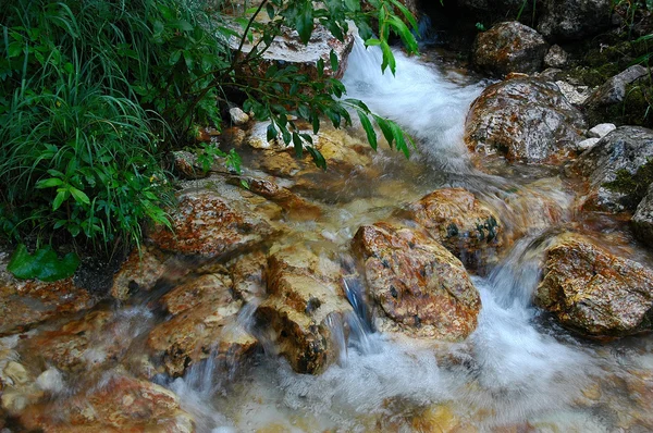 Маленький ручей, бегущий рядом с камнями — стоковое фото