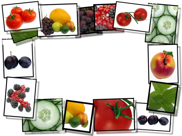 Filmová okénka s čerstvé zdravé potraviny obrazy, hranice na bílé b — Stock fotografie