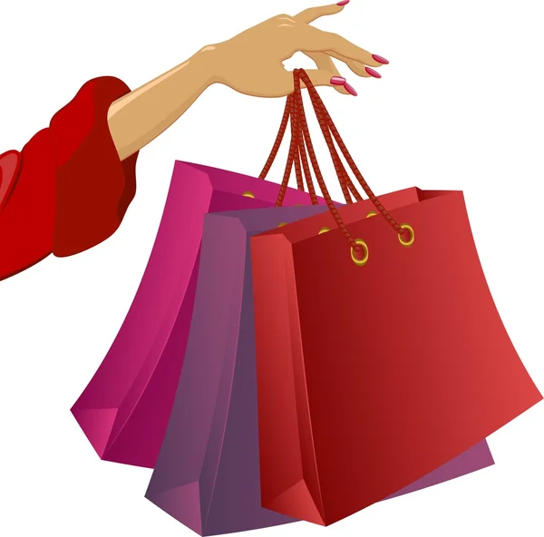 Compras: mão da mulher com sacos — Vetor de Stock