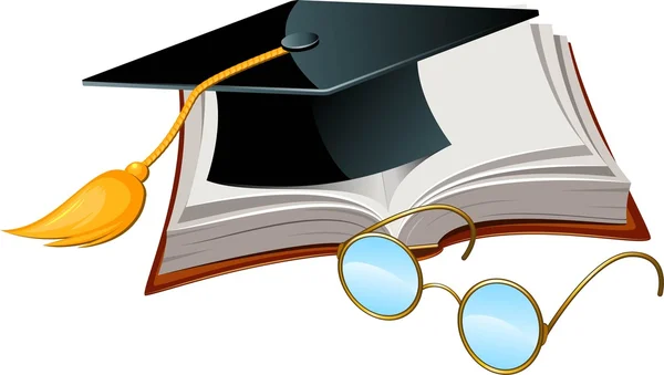 Graduation cap, book and glasses — Stock Vector