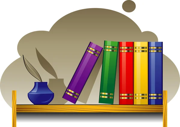 Bookshelf with books and inkwell — Stock Vector