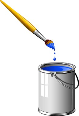 Bucket of blue paint and a brush clipart