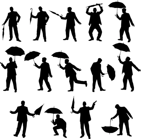Silhouette uomo e ombrello — Vettoriale Stock