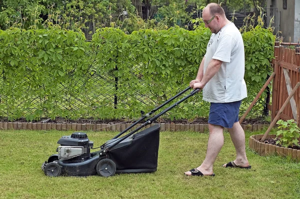 stock image Man cutting grass at suburban house