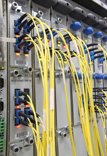 Fiberoptisk kabel ansluten till routern hamnar — Stockfoto