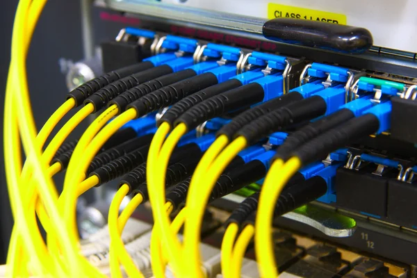 Fiberoptisk kabel ansluten till routern hamnar Royaltyfria Stockbilder