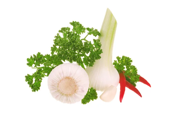Fresh garlic, parsley and chilli peper — Stock Photo, Image
