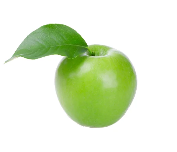 Φρέσκο πράσινο μήλο με φύλλο — Φωτογραφία Αρχείου