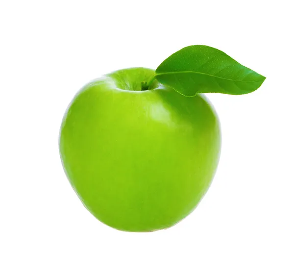 Φρέσκο πράσινο μήλο με φύλλο — Φωτογραφία Αρχείου