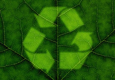 Recycle symbol over green leaf texture clipart