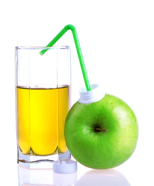 Glass of apple juice with apple package — Stock Photo, Image