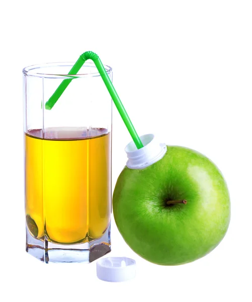 Vaso de zumo de manzana con paquete de manzana — Foto de Stock