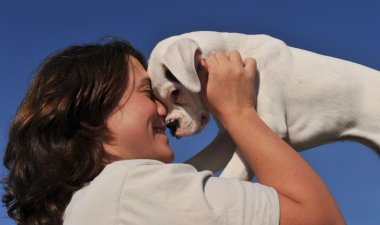 Young woman and puppy clipart