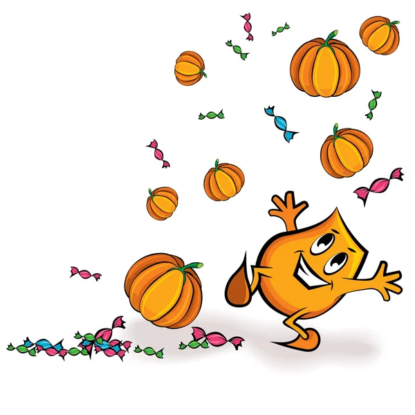 Cartoon character - playing with treats and pumpkins — Stock Vector