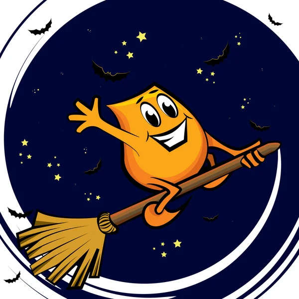 Zeichentrickfigur - auf dem Besen in der sternenklaren Nacht — Stockvektor