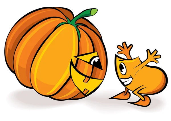 Cartoon character - teasing the big Halloween pumpkin — Stock Vector