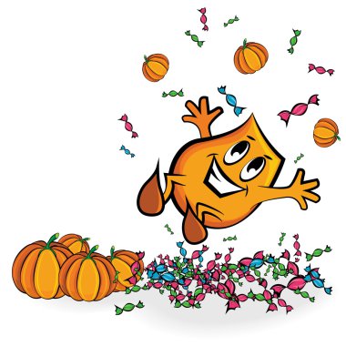 Cartoon character - jumping in treats and pumpkins clipart