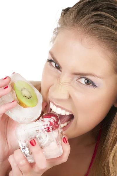 Girl with quick-frozen fruit — Stock Photo, Image