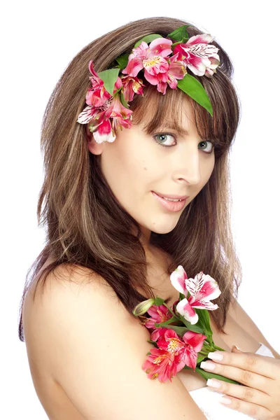 Girl with wreath of flowers — Stock Photo, Image