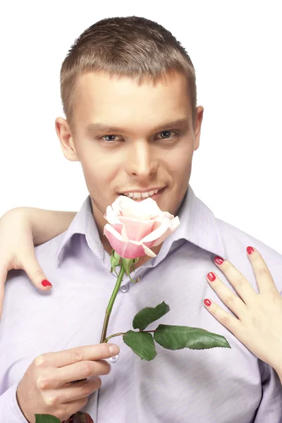 Mannen met de roze roos — Stockfoto