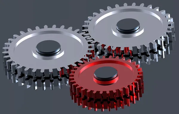 Steel gears in connection with red one. — Stock Photo, Image