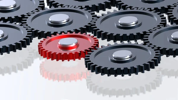 Steel gears in connection with red one — Stock Photo, Image