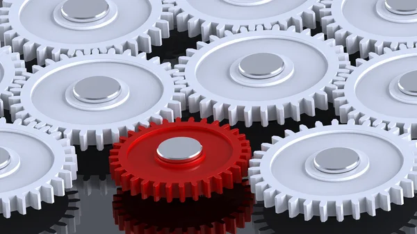 Steel gears in connection with red one — Stock Photo, Image