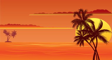 Tropical sunset beach with palms clipart