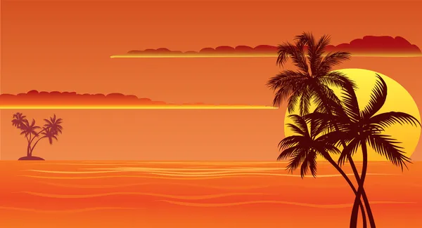 Playa tropical al atardecer con palmeras — Vector de stock